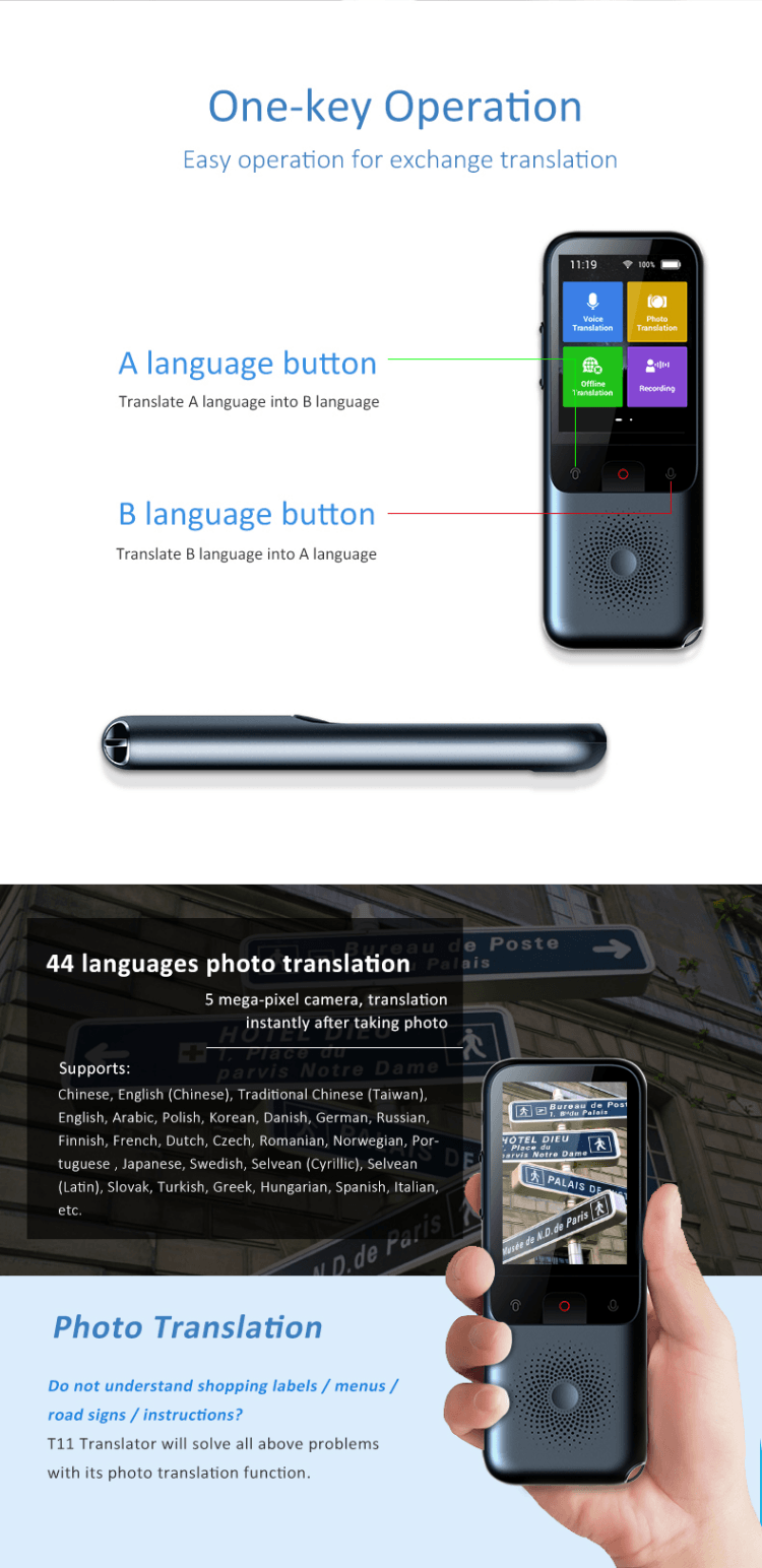 Real Time Language Translator Device 137 Languages, Two Way Portable Instant Translator, Voice/Text/Photo Translation, 3-inch HD Touch Screen Camera