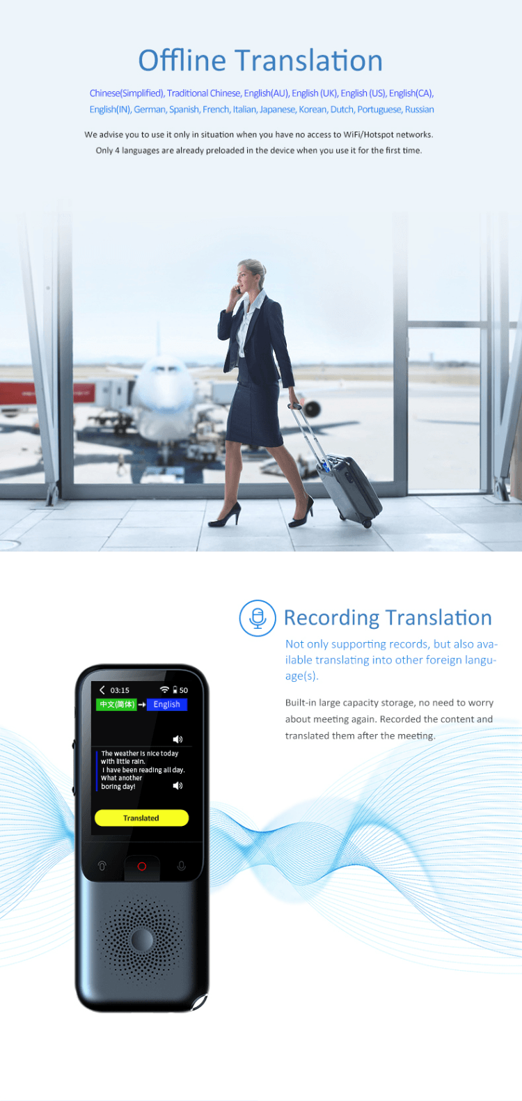 Real Time Language Translator Device 137 Languages, Two Way Portable Instant Translator, Voice/Text/Photo Translation, 3-inch HD Touch Screen Camera